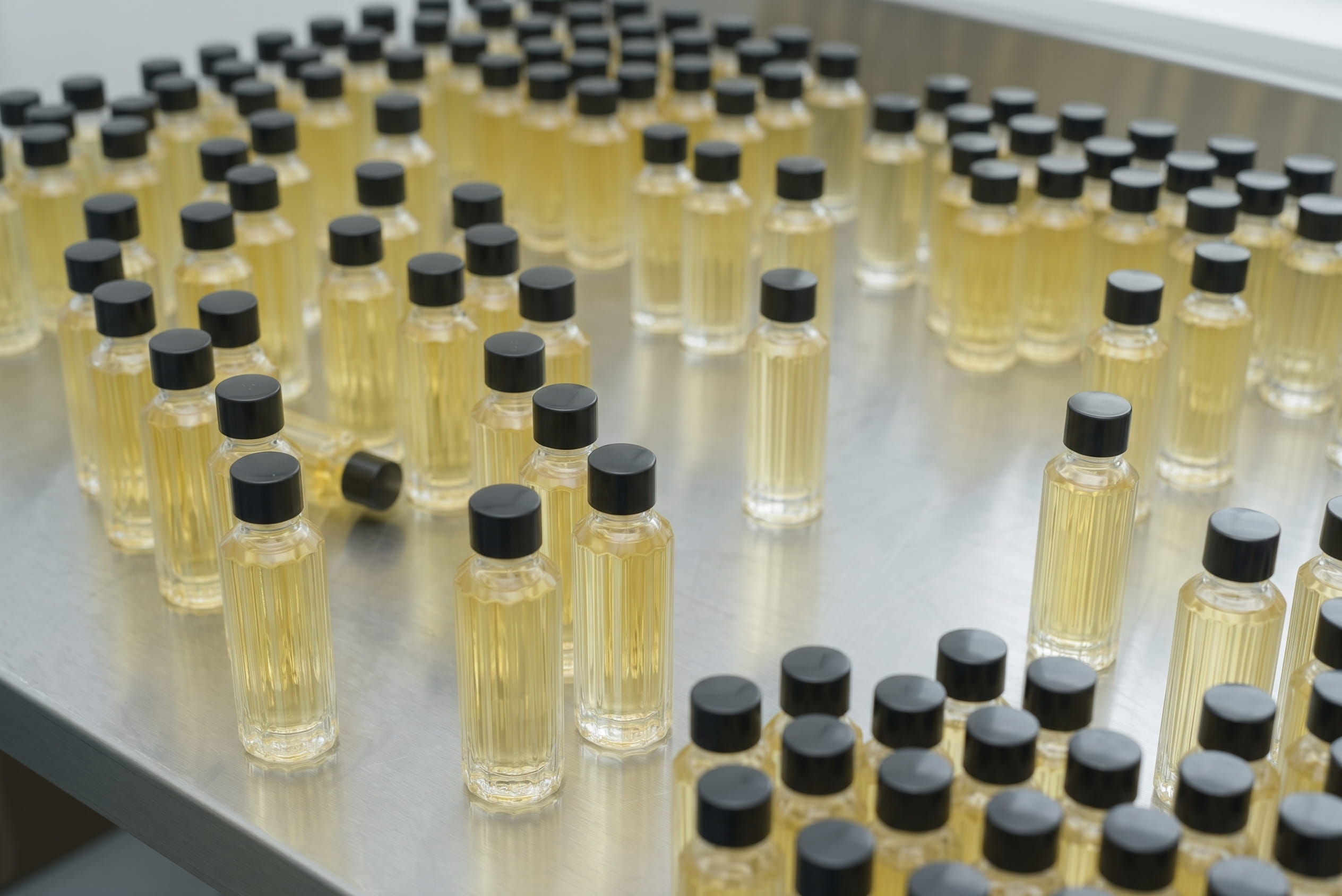 Série de flacons d’huile sur une table de laboratoire