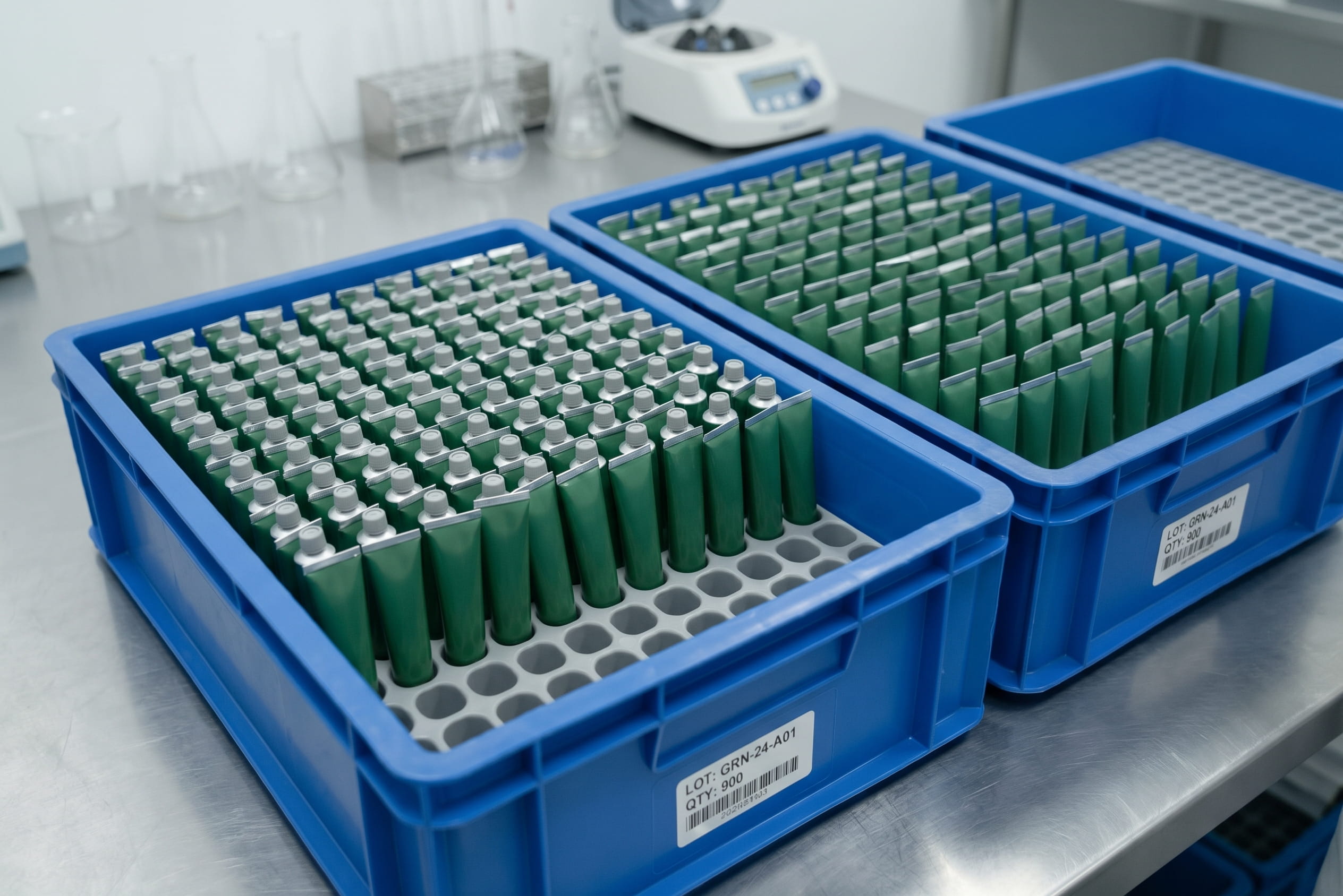 Tubes aluminium rangés en bacs de production, lots identifiés